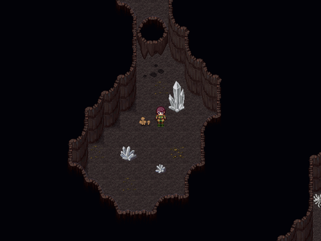 A screenshot of a dark cave with white crystals growing from the floor.