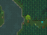 A screenshot of the woods opening up to a river.
