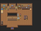 A screenshot of the interior of a sparsely furnished log cabin.