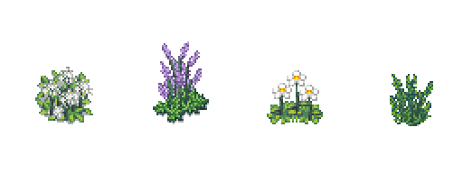 Pixels of four different plants in a row: yarrow, lavender, chamomile, and rosemary.