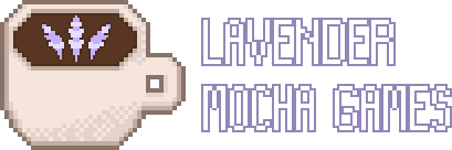 A logo of a coffee cup with lavender latte art reading Lavender Mocha Games