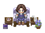 RPG Maker XP pixels of me, a white person with long brown hair wearing purple armor, sitting in a plush purple chair. I'm surrounded by a lavender plant, a mocha, and a notebook and quill.